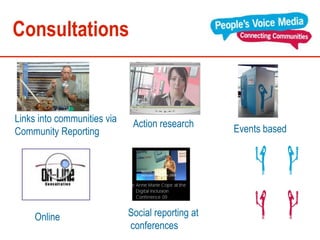 Consultations Action   research   Links into communities via  Community Reporting Events based   Social reporting at conferences Online   