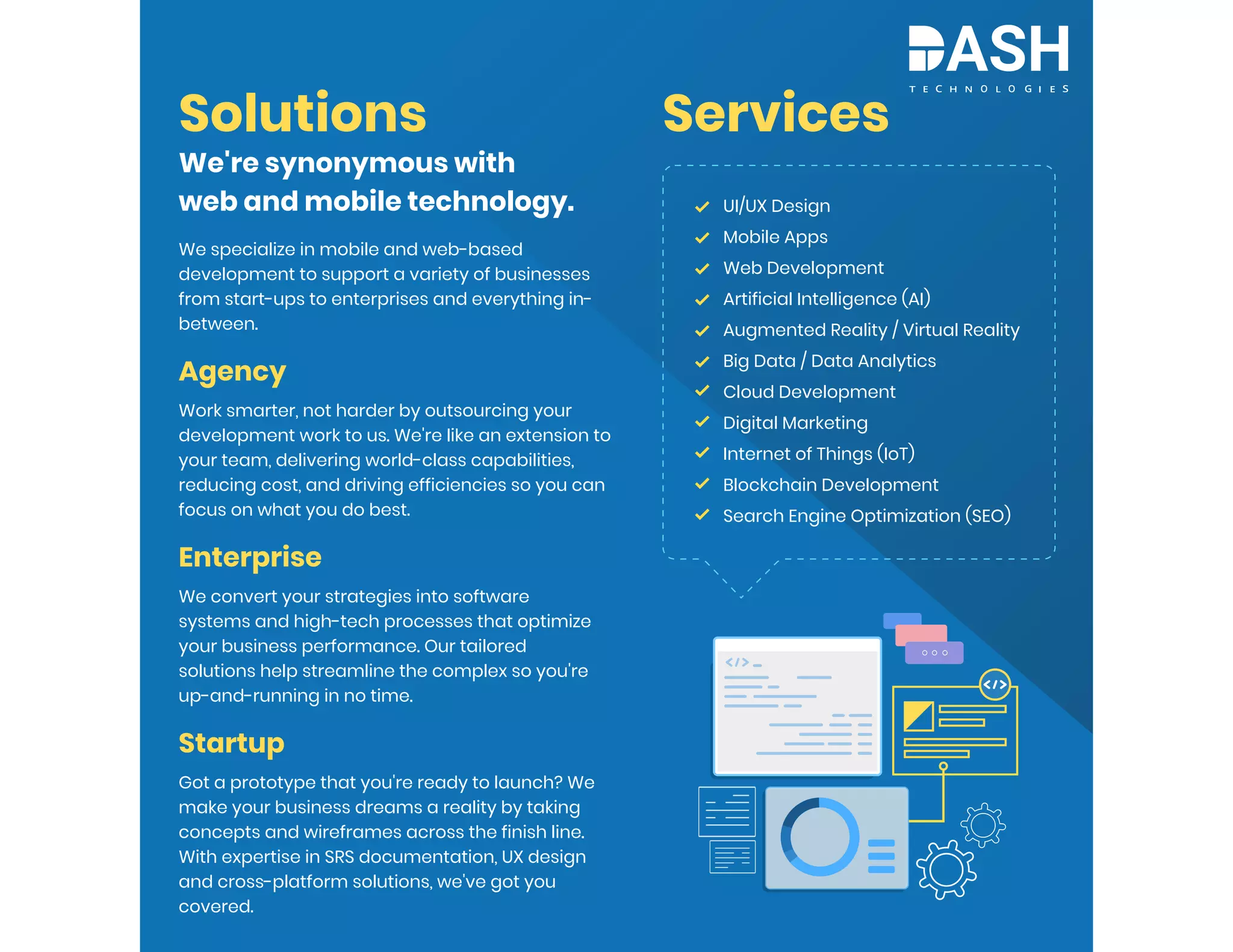 Solutions Services
UI/UX Design
Mobile Apps
Web Development
Artificial Intelligence (AI)
Augmented Reality / Virtual Reality
Big Data / Data Analytics
Cloud Development
Digital Marketing
Internet of Things (IoT)
Blockchain Development
Search Engine Optimization (SEO)
We're synonymous with
web and mobile technology.
We specialize in mobile and web-based
development to support a variety of businesses
from start-ups to enterprises and everything in-
between.
Agency
Work smarter, not harder by outsourcing your
development work to us. We're like an extension to
your team, delivering world-class capabilities,
reducing cost, and driving efficiencies so you can
focus on what you do best.
Enterprise
We convert your strategies into software
systems and high-tech processes that optimize
your business performance. Our tailored
solutions help streamline the complex so you're
up-and-running in no time.
Startup
Got a prototype that you're ready to launch? We
make your business dreams a reality by taking
concepts and wireframes across the finish line.
With expertise in SRS documentation, UX design
and cross-platform solutions, we've got you
covered.
 