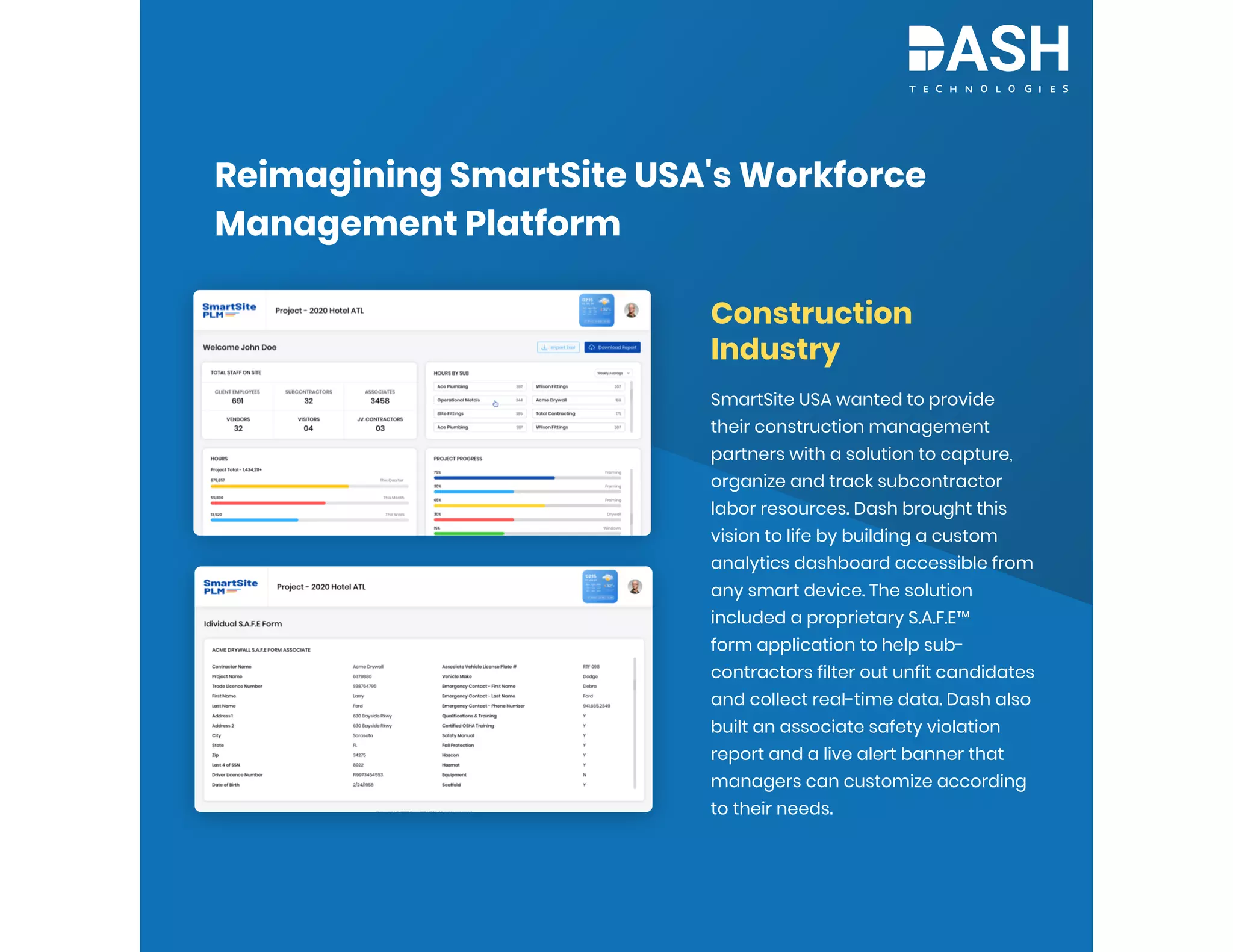 Reimagining SmartSite USA's Workforce
Management Platform
SmartSite USA wanted to provide
their construction management
partners with a solution to capture,
organize and track subcontractor
labor resources. Dash brought this
vision to life by building a custom
analytics dashboard accessible from
any smart device. The solution
included a proprietary S.A.F.E™
form application to help sub-
contractors filter out unfit candidates
and collect real-time data. Dash also
built an associate safety violation
report and a live alert banner that
managers can customize according
to their needs.
Construction
Industry
 