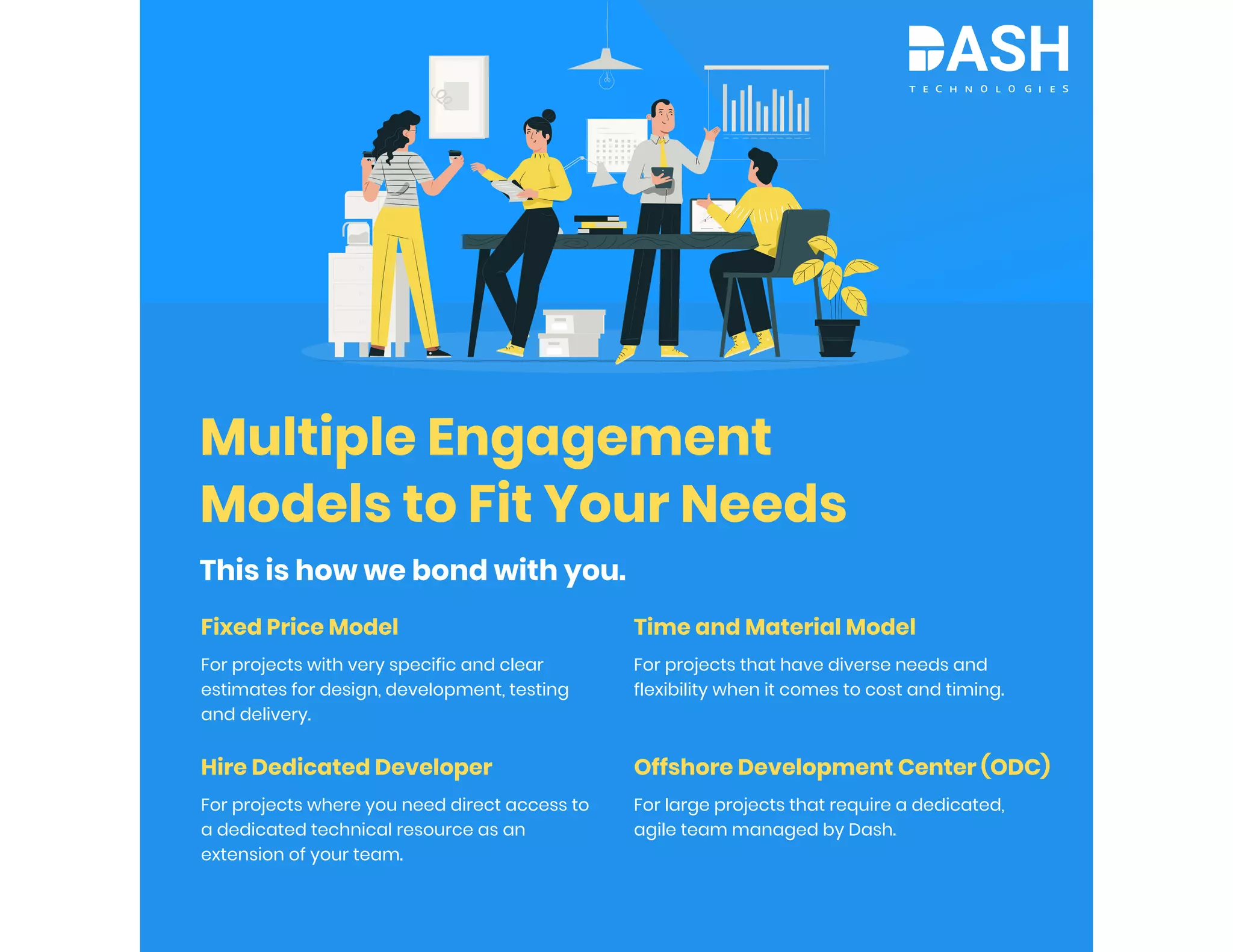 Multiple Engagement
Models to Fit Your Needs
This is how we bond with you.
Fixed Price Model
For projects with very specific and clear
estimates for design, development, testing
and delivery.
Hire Dedicated Developer
For projects where you need direct access to
a dedicated technical resource as an
extension of your team.
Time and Material Model
For projects that have diverse needs and
flexibility when it comes to cost and timing.
Offshore Development Center (ODC)
For large projects that require a dedicated,
agile team managed by Dash.
 