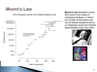 57
Moore's Law describes a long-
term trend in the history of
computing hardware, in which
the number of transistors that
can be placed inexpensively on
an integrated circuit has doubled
approximately every two years.
 