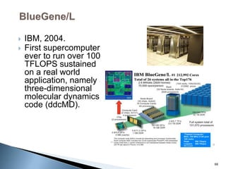  IBM, 2004.
 First supercomputer
ever to run over 100
TFLOPS sustained
on a real world
application, namely a
three-dimensional
molecular dynamics
code (ddcMD).
68
 
