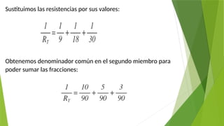 Sustituimos las resistencias por sus valores:
Obtenemos denominador común en el segundo miembro para
poder sumar las fracciones:
 