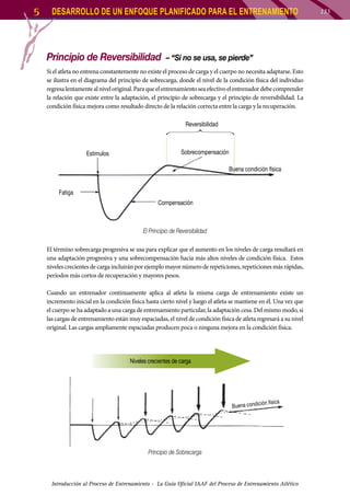 5

DESARROLLO DE UN ENFOQUE PLANIFICADO PARA EL ENTRENAMIENTO

Principio de Reversibilidad

– “Si no se usa, se pierde”

Si el atleta no entrena constantemente no existe el proceso de carga y el cuerpo no necesita adaptarse. Esto
se ilustra en el diagrama del principio de sobrecarga, donde el nivel de la condición física del individuo
regresa lentamente al nivel original. Para que el entrenamiento sea efectivo el entrenador debe comprender
la relación que existe entre la adaptación, el principio de sobrecarga y el principio de reversibilidad. La
condición física mejora como resultado directo de la relación correcta entre la carga y la recuperación.
Reversibilidad

Estímulos

Sobrecompensación
Buena condición física

Fatiga
Compensación

El Principio de Reversibilidad
El término sobrecarga progresiva se usa para explicar que el aumento en los niveles de carga resultará en
una adaptación progresiva y una sobrecompensación hacia más altos niveles de condición física. Estos
niveles crecientes de carga incluirán por ejemplo mayor número de repeticiones, repeticiones más rápidas,
períodos más cortos de recuperación y mayores pesos.
Cuando un entrenador continuamente aplica al atleta la misma carga de entrenamiento existe un
incremento inicial en la condición física hasta cierto nivel y luego el atleta se mantiene en él. Una vez que
el cuerpo se ha adaptado a una carga de entrenamiento particular, la adaptación cesa. Del mismo modo, si
las cargas de entrenamiento están muy espaciadas, el nivel de condición física de atleta regresará a su nivel
original. Las cargas ampliamente espaciadas producen poca o ninguna mejora en la condición física.

Niveles crecientes de carga

ión física

Buena condic

Principio de Sobrecarga

Introducción al Proceso de Entrenamiento - La Guía Oficial IAAF del Proceso de Entrenamiento Atlético

133

 