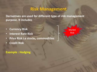 Risk Management
Derivatives are used for different type of risk management
purpose. It includes
• Currency Risk
• Interest Rate Risk
• Price Risk i.e stocks, commodities
• Credit Risk
Example : Hedging
Market
Risk
 