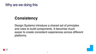 !14
Why are we doing this
Consistency
Design Systems introduce a shared set of principles
and rules to build components. It becomes much
easier to create consistent experiences across different
platforms.
 