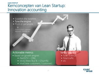 Kernconcepten van Lean Startup:
Innovation accounting
27
LEAN STARTUP
 Establish the baseline
 Tune the engine
 Pivot or persevere
Actionable metrics
 Based on growth engine:
 Paid (LTV - CPA)
 Sticky (New Bus.% – Churn%)
 Viral (new customers / customer)
 Total revenue
 Total traffic
 etc
Vanity metrics
Zoom in/out, customer
segment, channel, etc
 