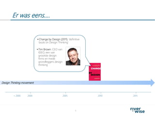 Er was eens….
4
2000< 2000 2005 2010 2015
Design Thinking movement
 Change by Design (2011), ‘definitive
book on Design Thinking’
 Tim Brown: CEO van
IDEO, een van
grootste design
firms en mede
grondleggers design
thinking
 