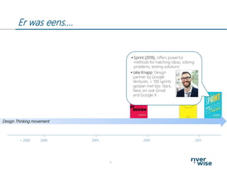 Er was eens….
6
2000< 2000 2005 2010 2015
Design Thinking movement
 Sprint (2016), ‘offers powerful
methods for hatching ideas, solving
problems, testing solutions’
 Jake Knapp: Design
partner bij Google
Ventures, > 100 sprints
gedaan met bijv. Slack,
Nest, en ook Gmail
and Google X
 