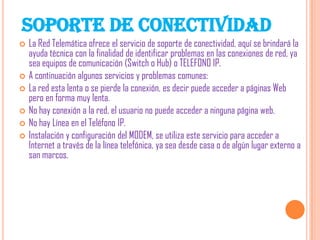 SOPORTE DE CONECTIVIDAD








La Red Telemática ofrece el servicio de soporte de conectividad, aquí se brindará la
ayuda técnica con la finalidad de identificar problemas en las conexiones de red, ya
sea equipos de comunicación (Switch o Hub) o TELEFONO IP.
A continuación algunos servicios y problemas comunes:
La red esta lenta o se pierde la conexión, es decir puede acceder a páginas Web
pero en forma muy lenta.
No hay conexión a la red, el usuario no puede acceder a ninguna página web.
No hay Línea en el Teléfono IP.
Instalación y configuración del MODEM, se utiliza este servicio para acceder a
Internet a través de la línea telefónica, ya sea desde casa o de algún lugar externo a
san marcos.

 
