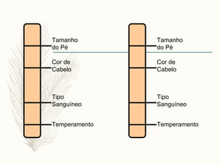 Tamanho
do Pé
Cor de
Cabelo
Tipo
Sanguíneo
Temperamento
Tamanho
do Pé
Cor de
Cabelo
Tipo
Sanguíneo
Temperamento
 