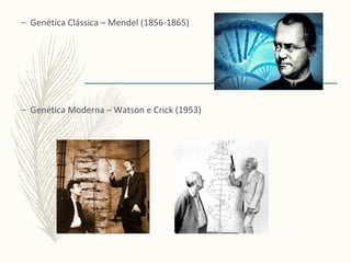 – Genética Clássica – Mendel (1856-1865)
– Genética Moderna – Watson e Crick (1953)
 