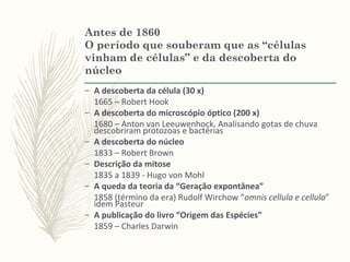 Antes de 1860
O período que souberam que as “células
vinham de células” e da descoberta do
núcleo
– A descoberta da célula (30 x)
1665 – Robert Hook
– A descoberta do microscópio óptico (200 x)
1680 – Anton van Leeuwenhock. Analisando gotas de chuva
descobriram protozoas e bactérias
– A descoberta do núcleo
1833 – Robert Brown
– Descrição da mitose
1835 a 1839 - Hugo von Mohl
– A queda da teoria da “Geração expontânea”
1858 (término da era) Rudolf Wirchow “omnis cellula e cellula”
idem Pasteur
– A publicação do livro “Origem das Espécies”
1859 – Charles Darwin
 