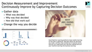 © 2019 Decision Management Solutions 28
Decision Measurement and Improvement
Continuously Improve by Capturing Decision Outcomes
 Gather data
 What was decided
 Why was that decided
 How did that work out?
 Change the way you decide
Good Machine Learning platforms keep models learning
as new data is gathered. Add data about the decisions
you made, and how they worked out in business terms,
and you can understand your decision-making and turn
your machine learning into business learning.
 