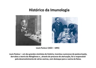Histórico da Imunologia

Louis Pasteur (1822 – 1895)
Louis Pasteur – um dos grandes cientistas da história, inventou o processo de pasteurização,
derrubou a teoria da Abiogênese e , através do processo de atenuação, foi o responsável
pelo desenvolvimento de várias vacinas, com destaque para a vacina da Raiva.

 