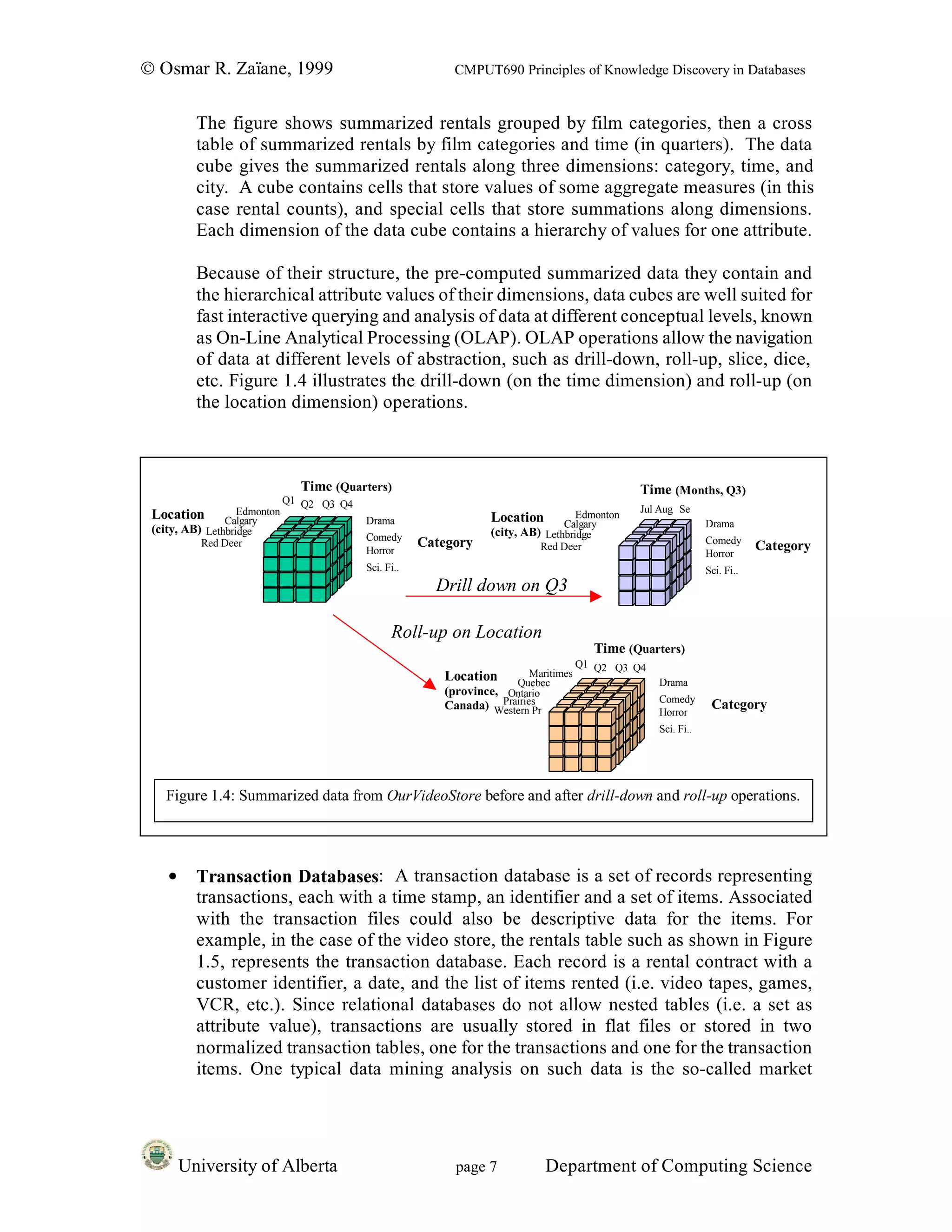 © Osmar R. Zaïane, 1999                                      CMPUT690 Principles of Knowledge Discovery in Databases


          The figure shows summarized rentals grouped by film categories, then a cross
          table of summarized rentals by film categories and time (in quarters). The data
          cube gives the summarized rentals along three dimensions: category, time, and
          city. A cube contains cells that store values of some aggregate measures (in this
          case rental counts), and special cells that store summations along dimensions.
          Each dimension of the data cube contains a hierarchy of values for one attribute.

          Because of their structure, the pre-computed summarized data they contain and
          the hierarchical attribute values of their dimensions, data cubes are well suited for
          fast interactive querying and analysis of data at different conceptual levels, known
          as On-Line Analytical Processing (OLAP). OLAP operations allow the navigation
          of data at different levels of abstraction, such as drill-down, roll-up, slice, dice,
          etc. Figure 1.4 illustrates the drill-down (on the time dimension) and roll-up (on
          the location dimension) operations.



                                Time (Quarters)                                                    Time (Months, Q3)
                              Q1 Q2 Q3 Q4
                   Edmonton                                                                        Jul Aug Se
 Location Calgary                           Drama                   Location         Edmonton
                                                                                   Calgary                        Drama
 (city, AB) Lethbridge                                              (city, AB) Lethbridge
                                            Comedy                                                                Comedy
           Red Deer                                     Category              Red Deer                                        Category
                                            Horror                                                                Horror
                                            Sci. Fi..                                                             Sci. Fi..
                                                          Drill down on Q3

                                                  Roll-up on Location
                                                                                            Time (Quarters)
                                                                                       Q1 Q2 Q3 Q4
                                                           Location        Maritimes
                                                                         Quebec                       Drama
                                                           (province, Ontario
                                                                      Prairies                        Comedy
                                                           Canada) Western Pr
                                                                                                      Horror
                                                                                                                   Category
                                                                                                      Sci. Fi..




   Figure 1.4: Summarized data from OurVideoStore before and after drill-down and roll-up operations.




    •     Transaction Databases: A transaction database is a set of records representing
          transactions, each with a time stamp, an identifier and a set of items. Associated
          with the transaction files could also be descriptive data for the items. For
          example, in the case of the video store, the rentals table such as shown in Figure
          1.5, represents the transaction database. Each record is a rental contract with a
          customer identifier, a date, and the list of items rented (i.e. video tapes, games,
          VCR, etc.). Since relational databases do not allow nested tables (i.e. a set as
          attribute value), transactions are usually stored in flat files or stored in two
          normalized transaction tables, one for the transactions and one for the transaction
          items. One typical data mining analysis on such data is the so-called market




        University of Alberta                                page 7              Department of Computing Science
 