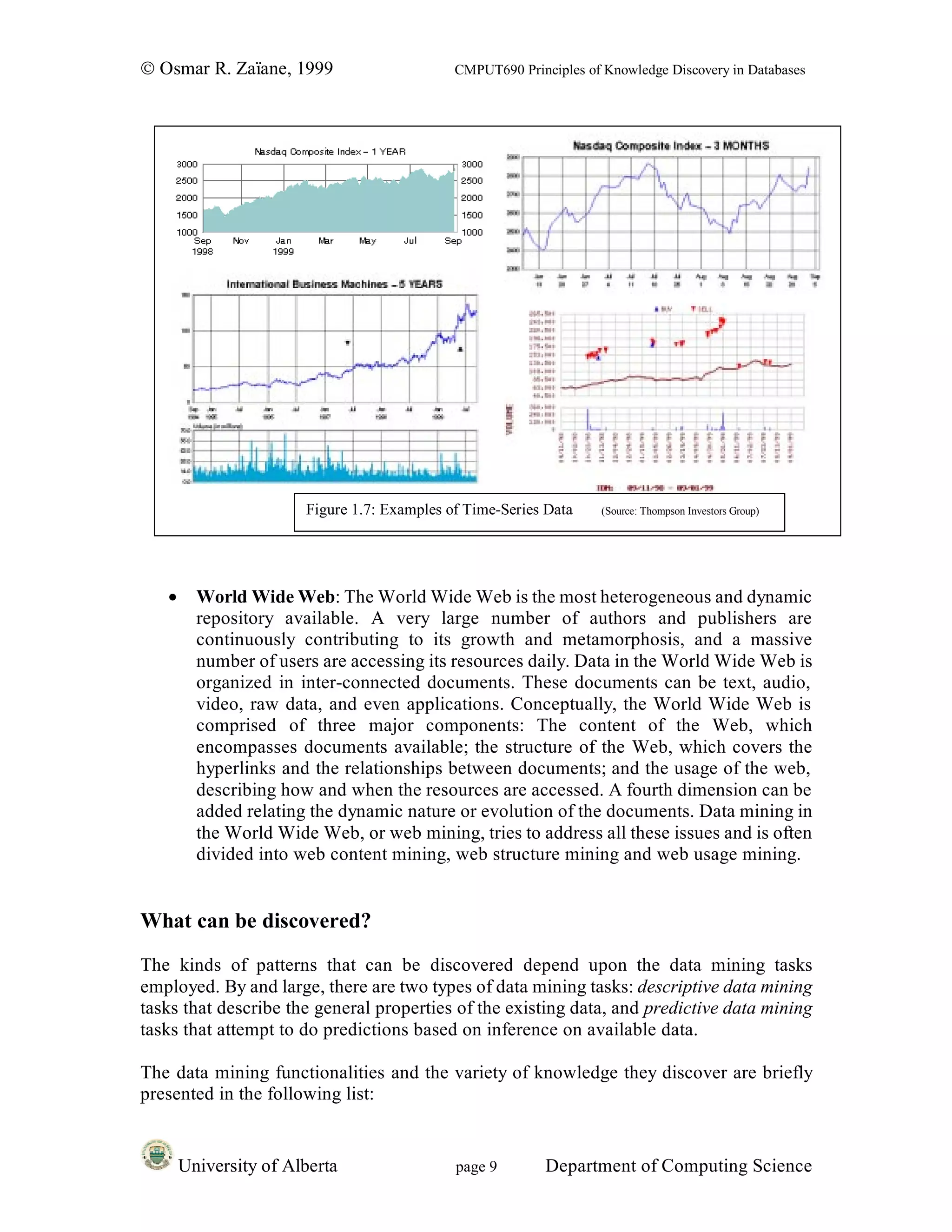 © Osmar R. Zaïane, 1999                      CMPUT690 Principles of Knowledge Discovery in Databases




                       Figure 1.7: Examples of Time-Series Data     (Source: Thompson Investors Group)




   •     World Wide Web: The World Wide Web is the most heterogeneous and dynamic
         repository available. A very large number of authors and publishers are
         continuously contributing to its growth and metamorphosis, and a massive
         number of users are accessing its resources daily. Data in the World Wide Web is
         organized in inter-connected documents. These documents can be text, audio,
         video, raw data, and even applications. Conceptually, the World Wide Web is
         comprised of three major components: The content of the Web, which
         encompasses documents available; the structure of the Web, which covers the
         hyperlinks and the relationships between documents; and the usage of the web,
         describing how and when the resources are accessed. A fourth dimension can be
         added relating the dynamic nature or evolution of the documents. Data mining in
         the World Wide Web, or web mining, tries to address all these issues and is often
         divided into web content mining, web structure mining and web usage mining.


What can be discovered?
The kinds of patterns that can be discovered depend upon the data mining tasks
employed. By and large, there are two types of data mining tasks: descriptive data mining
tasks that describe the general properties of the existing data, and predictive data mining
tasks that attempt to do predictions based on inference on available data.

The data mining functionalities and the variety of knowledge they discover are briefly
presented in the following list:


       University of Alberta                 page 9        Department of Computing Science
 