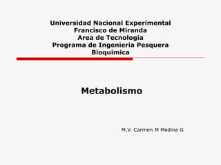 Universidad Nacional Experimental
Francisco de Miranda
Area de Tecnologia
Programa de Ingenieria Pesquera
Bioquimica
Metabolismo
M.V. Carmen M Medina G
 