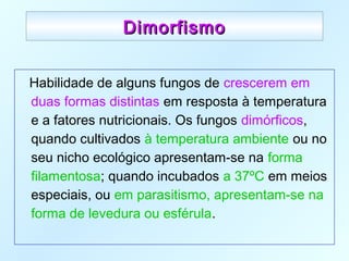 DimorfismoDimorfismo
Habilidade de alguns fungos de crescerem em
duas formas distintas em resposta à temperatura
e a fatores nutricionais. Os fungos dimórficos,
quando cultivados à temperatura ambiente ou no
seu nicho ecológico apresentam-se na forma
filamentosa; quando incubados a 37ºC em meios
especiais, ou em parasitismo, apresentam-se na
forma de levedura ou esférula.
 