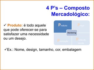 4 P’s – Composto
                          Mercadológico:

 Produto: é todo aquele      Produto               Preço
que pode oferecer-se para
                                        Marketing
satisfazer uma necessidade
ou um desejo.                                   Ponto de
                             Promoção               Venda

Ex.: Nome, design, tamanho, cor, embalagem
 