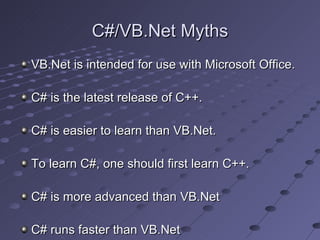 C#/VB.Net Myths
VB.Net is intended for use with Microsoft Office.

C# is the latest release of C++.

C# is easier to learn than VB.Net.

To learn C#, one should first learn C++.

C# is more advanced than VB.Net

C# runs faster than VB.Net
 