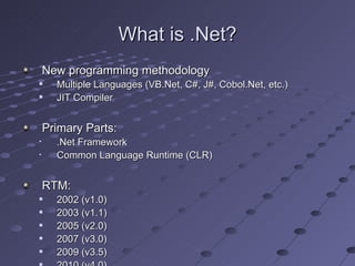 What is .Net?
    New programming methodology
     Multiple Languages (VB.Net, C#, J#, Cobol.Net, etc.)
     JIT Compiler


    Primary Parts:
     .Net Framework
     Common Language Runtime (CLR)


    RTM:
     2002 (v1.0)
     2003 (v1.1)
     2005 (v2.0)
     2007 (v3.0)
     2009 (v3.5)
 