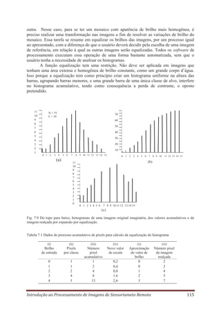 outra. Nesse caso, para se ter um mosaico com aparência de brilho mais homogênea, é
preciso realizar uma transformação nas imagens a fim de resolver as variações de brilho do
mosaico. Essa tarefa se resume em equalizar os brilhos das imagens, por um processo igual
ao apresentado, com a diferença de que o usuário deverá decidir pela escolha de uma imagem
de referência, em relação à qual as outras imagens serão equalizadas. Todos os software de
processamento executam essa operação de uma forma bastante automatizada, sem que o
usuário tenha a necessidade de analisar os histogramas.
A função equalização tem uma restrição. Não deve ser aplicada em imagens que
tenham uma área extensa e homogênea de brilho constante, como um grande corpo d’água.
Isso porque a equalização tem como princípio criar um histograma uniforme na altura das
barras, agrupando barras menores, e uma grande barra de uma única classe de alvo, interfere
no histograma acumulativo, tendo como consequência a perda de contraste, o oposto
pretendido.

11
10
9
8
7
6
5
4
3
2
1

N = 75
L = 16

70
60
50
40
30
20
10

0 1 2

3 4

5

6

7

(a)

8 9 10 11 12 13 14 15

11
10
9
8
7
6
5
4
3
2
1
0

0

1 2

3 4

5 6

7 8 9 10

11 12 13 14 15

(b)

0 1 2 3 4 5 6 7 8 9 10 11 12 13 14 15

(c)
Fig. 7.9 Do topo para baixo, histogramas de uma imagem original imaginária, dos valores acumulativos e da
imagem realçada por expansão por equalização.

Tabela 7.1 Dados do processo acumulativo de pixels para cálculo da equalização do histograma
(i)
Brilho
de entrada

(ii)
Pixels
por classe

0
1
2
3
4

1
1
2
4
5

(iii)
Número
pixel
acumulativo
1
2
4
8
13

(iv)
Novo valor
de escala
0,2
0,4
0,8
1.6
2,6

(v)
Aproximação
do valor de
brilho
0
0
1
2
3

Introdução ao Processamento de Imagens de Sensoriameto Remoto

(vi)
Número pixel
da imagem
realçada
2
2
4
5
7

115

 