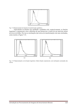 Fig. 7.14 Representação da função de transformação quadrática.

Equivalentes às funções raiz quadrada e quadrática são, respectivamente, as funções
logaritmo e exponencial, com a diferença de que promovem o realce de um intervalo menor
de níveis de brilho. Por isso as inclinações das curvas de transformações são mais inclinadas,
como mostra a Figura 7.15.

(a)

(b)

Fig. 7.15 Representações a) da função logaritmo e b) da função exponencial, com inclinações acentuadas das
curvas.

Introdução ao Processamento de Imagens de Sensoriameto Remoto

120

 