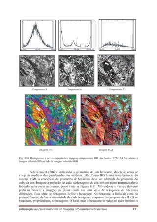 Componente I

Imagem IHS

Componente H

Componente S

Imagem RGB

Fig. 8.10 Histogramas e as correspondentes imagens componentes IHS das bandas ETM 3,4,5 e abaixo a
imagem colorida IHS ao lado da imagem colorida RGB.

Schowengert (2007), utilizando a geometria de um hexacone, descreve como se
chega às medidas das coordenadas dos atributos IHS. Como IHS é uma transformação do
sistema RGB, a concepção da geometria do hexacone deve ser subtraída da geometria do
cubo de cor. Imagine a projeção de cada subhexágono de cor, em um plano perpendicular à
linha do vetor preto ao branco, como visto na Figura 8.11. Movendo-se o vértice do vetor
preto ao branco, a projeção do plano resulta em uma série de hexágonos de diferentes
dimensões. Essa série de hexágonos define o hexacone. No hexacone, a linha de cinza do
preto ao branco define a intensidade de cada hexágono, enquanto os componentes H e S se
localizam, propriamente, no hexágono. O local onde o hexacone se reduz ao valor mínimo, a
Introdução ao Processamento de Imagens de Sensoriameto Remoto

131

 