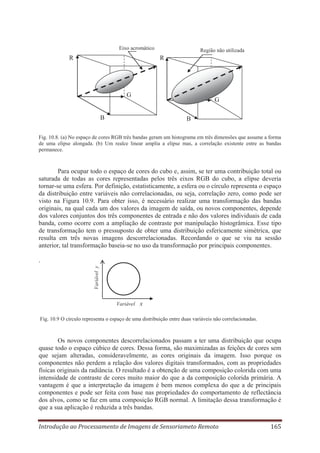 Eixo acromático

R

Região não utilizada

R

G

G

B

B

Fig. 10.8. (a) No espaço de cores RGB três bandas geram um histograma em três dimensões que assume a forma
de uma elipse alongada. (b) Um realce linear amplia a elipse mas, a correlação existente entre as bandas
permanece.

Para ocupar todo o espaço de cores do cubo e, assim, se ter uma contribuição total ou
saturada de todas as cores representadas pelos três eixos RGB do cubo, a elipse deveria
tornar-se uma esfera. Por definição, estatisticamente, a esfera ou o círculo representa o espaço
da distribuição entre variáveis não correlacionadas, ou seja, correlação zero, como pode ser
visto na Figura 10.9. Para obter isso, é necessário realizar uma transformação das bandas
originais, na qual cada um dos valores da imagem de saída, ou novos componentes, depende
dos valores conjuntos dos três componentes de entrada e não dos valores individuais de cada
banda, como ocorre com a ampliação de contraste por manipulação histogrâmica. Esse tipo
de transformação tem o pressuposto de obter uma distribuição esfericamente simétrica, que
resulta em três novas imagens descorrelacionadas. Recordando o que se viu na sessão
anterior, tal transformação baseia-se no uso da transformação por principais componentes.

Variável y

.

Variável

x

Fig. 10.9 O círculo representa o espaço de uma distribuição entre duas variáveis não correlacionadas.

Os novos componentes descorrelacionados passam a ter uma distribuição que ocupa
quase todo o espaço cúbico de cores. Dessa forma, são maximizadas as feições de cores sem
que sejam alteradas, consideravelmente, as cores originais da imagem. Isso porque os
componentes não perdem a relação dos valores digitais transformados, com as propriedades
físicas originais da radiância. O resultado é a obtenção de uma composição colorida com uma
intensidade de contraste de cores muito maior do que a da composição colorida primária. A
vantagem é que a interpretação da imagem é bem menos complexa do que a de principais
componentes e pode ser feita com base nas propriedades do comportamento de reflectância
dos alvos, como se faz em uma composição RGB normal. A limitação dessa transformação é
que a sua aplicação é reduzida a três bandas.
Introdução ao Processamento de Imagens de Sensoriameto Remoto

165

 