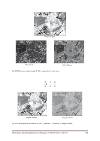 imagem original

Filtro Sobel

Filtro Roberts

Fig. 11.11 Resultados da aplicação de filtros de gradientes (derivadas).

imagem original

imagem filtrada

Fig. 11.12 Configuração da máscara do filtro Laplaciano e o resultado da imagem filtrada.

Introdução ao Processamento de Imagens de Sensoriameto Remoto

180

 