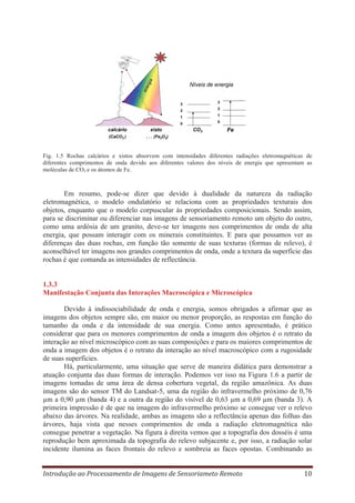 Fig. 1.5 Rochas calcários e xistos absorvem com intensidades diferentes radiações eletromagnéticas de
diferentes comprimentos de onda devido aos diferentes valores dos níveis de energia que apresentam as
moléculas de CO3 e os átomos de Fe.

Em resumo, pode-se dizer que devido à dualidade da natureza da radiação
eletromagnética, o modelo ondulatório se relaciona com as propriedades texturais dos
objetos, enquanto que o modelo corpuscular às propriedades composicionais. Sendo assim,
para se discriminar ou diferenciar nas imagens de sensoriamento remoto um objeto do outro,
como uma ardósia de um granito, deve-se ter imagens nos comprimentos de onda de alta
energia, que possam interagir com os minerais constituintes. E para que possamos ver as
diferenças das duas rochas, em função tão somente de suas texturas (formas de relevo), é
aconselhável ter imagens nos grandes comprimentos de onda, onde a textura da superfície das
rochas é que comanda as intensidades de reflectância.

1.3.3
Manifestação Conjunta das Interações Macroscópica e Microscópica
Devido à indissociabilidade de onda e energia, somos obrigados a afirmar que as
imagens dos objetos sempre são, em maior ou menor proporção, as respostas em função do
tamanho da onda e da intensidade de sua energia. Como antes apresentado, é prático
considerar que para os menores comprimentos de onda a imagem dos objetos é o retrato da
interação ao nível microscópico com as suas composições e para os maiores comprimentos de
onda a imagem dos objetos é o retrato da interação ao nível macroscópico com a rugosidade
de suas superfícies.
Há, particularmente, uma situação que serve de maneira didática para demonstrar a
atuação conjunta das duas formas de interação. Podemos ver isso na Figura 1.6 a partir de
imagens tomadas de uma área de densa cobertura vegetal, da região amazônica. As duas
imagens são do sensor TM do Landsat-5, uma da região do infravermelho próximo de 0,76
μm a 0,90 μm (banda 4) e a outra da região do visível de 0,63 μm a 0,69 μm (banda 3). A
primeira impressão é de que na imagem do infravermelho próximo se consegue ver o relevo
abaixo das árvores. Na realidade, ambas as imagens são a reflectância apenas das folhas das
árvores, haja vista que nesses comprimentos de onda a radiação eletromagnética não
consegue penetrar a vegetação. Na figura à direita vemos que a topografia dos dosséis é uma
reprodução bem aproximada da topografia do relevo subjacente e, por isso, a radiação solar
incidente ilumina as faces frontais do relevo e sombreia as faces opostas. Combinando as
Introdução ao Processamento de Imagens de Sensoriameto Remoto

10

 