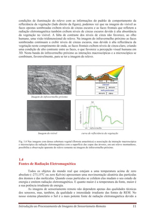 condições de iluminação do relevo com as informações do padrão de comportamento da
reflectância da vegetação (lado direito da figura), podemos ver que na imagem do visível as
faces opostas sombreadas exibem níveis de cinzas escuros e as faces frontais que refletem a
radiação eletromagnética também exibem níveis de cinzas escuros devido à alta absortância
da vegetação no visível. A falta de contraste dos níveis de cinza não favorece, ao olho
humano, uma visão tridimensional do relevo. Na imagem do infravermelho próximo as faces
sombreadas continuam a exibir níveis de cinzas escuros, mas devido à alta reflectância da
vegetação neste comprimento de onda, as faces frontais exibem níveis de cinza-claro, criando
uma condição de alto contraste entre as faces, o que favorece a percepção visual humana em
3D. Nesta banda do infravermelho próximo as interações macroscópicas e a microscópica se
combinam, favoravelmente, para se ter a imagem do relevo.

Imagem do infravermelho próximo
b4

reflectância %

b3

vis. infravermelho

Imagem do visível

curva de reflectância da vegetação

Fig. 1.6 Nas imagens com densa cobertura vegetal (floresta amazônica) a associação da interação macroscópica
e microscópica da radiação eletromagnética com a superfície das copas das árvores, em um relevo montanhoso,
possibilita a observação aparente do relevo somente na imagem do infravermelho próximo.

1.4
Fontes de Radiação Eletromagnética
Todos os objetos do mundo real que estejam a uma temperatura acima de zero
absoluto (–273,15oC ou zero Kelvin) apresentam uma movimentação aleatória das partículas
dos átomos e das moléculas. Quando essas partículas se colidem elas mudam o seu estado de
energia e emitem radiação eletromagnética. E quanto maior é a temperatura da fonte, maior é
a sua potência irradiante de energia.
As imagens de sensoriamento remoto não dependem apenas das qualidades técnicas
dos sensores, mas, também, da qualidade e intensidade irradiante das fontes de REM. No
nosso sistema planetário o Sol é a mais potente fonte de radiação eletromagnética devido a
Introdução ao Processamento de Imagens de Sensoriameto Remoto

11

 