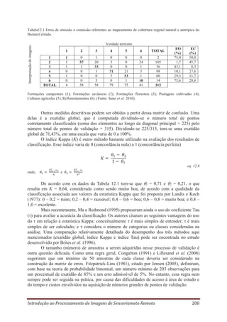 Interpretação de imagens

Tabela12.1 Erros de omissão e comissão referentes ao mapeamento de cobertura vegetal natural e antrópica do
Bioma Cerrado.
Verdade terrestre
1

3

4

5

6

TOTAL

1
1
1
0
1
0
4

1
2
3
4
5
6
TOTAL

2
0
57
1
0
0
0
58

1
20
33
1
0
3
58

0
3
0
71
5
0
79

0
0
0
21
53
1
75

0
24
1
5
1
10
41

2
105
36
98
60
14
315

EO
(%)
75,0
1,7
43,1
10,1
29,3
75,6

EC
(%)
50,0
45,7
8,3
27,6
11,7
28,6

Formações campestres (1); Formações savânicas (2); Formações florestais (3); Pastagens cultivadas (4);
Culturas agrícolas (5); Reflorestamentos (6). (Fonte: Sano et al. 2010).

Outras medidas descritivas podem ser obtidas a partir dessa matriz de confusão. Uma
delas é a exatidão global, que é computada dividindo-se o número total de pontos
corretamente classificados (soma dos elementos ao longo da diagonal principal = 225) pelo
número total de pontos de validação = 315). Dividindo-se 225/315, tem-se uma exatidão
global de 71,43%, em uma escala que varia de 0 a 100%.
O índice Kappa (K) é outro método bastante utilizado na avaliação dos resultados de
classificação. Esse índice varia de 0 (concordância nula) a 1 (concordância perfeita)

eq. 12.6
onde,

e

De acordo com os dados da Tabela 12.1 tem-se que 1 = 0,71 e 2 = 0,21, o que
resulta em K = 0,64, considerada como sendo muito boa, de acordo com a qualidade da
classificação associada aos valores da estatística Kappa que foi proposta por Landis e Koch
(1977): 0 – 0,2 = ruim; 0,2 – 0,4 = razoável; 0,4 – 0,6 = boa; 0,6 – 0,8 = muito boa; e 0,8 –
1,0 = excelente.
Mais recentemente, Ma e Redmond (1995) propuseram ainda o uso do coeficiente Tau
( ) para avaliar a acurácia da classificação. Os autores citaram as seguintes vantagens do uso
do em relação à estatística Kappa: conceitualmente é mais simples de entender; é mais
simples de ser calculado; e considera o número de categorias ou classes consideradas na
análise. Uma comparação relativamente detalhada do desempenho dos três métodos aqui
mencionados (exatidão global, índice Kappa e índice Tau) pode ser encontrada no estudo
desenvolvido por Brites et al. (1996).
O tamanho (número) de amostras a serem adquiridas nesse processo de validação é
outra questão delicada. Como uma regra geral, Congalton (1991) e Lillesand et al. (2008)
sugeriram que um mínimo de 50 amostras de cada classe deveria ser considerado na
construção da matriz de erros. Fitzpatrick-Lins (1981), citado por Jensen (2005), definiram,
com base na teoria de probabilidade binomial, um número mínimo de 203 observações para
um percentual de exatidão de 85% e um erro admissível de 5%. No entanto, essa regra nem
sempre pode ser seguida na prática, por causa das dificuldades de acesso à área de estudo e
do tempo e custos envolvidos na aquisição de números grandes de pontos de validação.

Introdução ao Processamento de Imagens de Sensoriameto Remoto

208

 