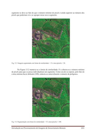 segmento se deve ao fato de que o número mínimo de pixels é ainda superior ao número dos
pixels que poderiam vir a se agrupar nesse novo segmento.

Fig. 13.1 Imagem segmentada com limiar de similaridade = 15 e área (pixels) = 50.

Na Figura 13.2 manteve-se o limiar de similaridade 15 e alterou-se o número mínimo
de pixels para que se possa individualizar um segmento. Como era de se esperar, pelo fato de
a área mínima haver dobrado (100), reduziu-se sensivelmente o número de polígonos.

Fig. 13.2 Segmentação com limiar de similaridade = 15 e área (pixels) = 100.

Introdução ao Processamento de Imagens de Sensoriameto Remoto

211

 