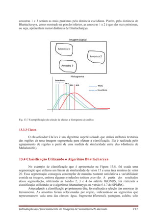 amostras 1 e 3 seriam as mais próximas pela distância euclidiana. Porém, pela distância de
Bhattacharyya, como mostrado na porção inferior, as amostras 1 e 2 é que são mais próximas,
ou seja, apresentam menor distância de Bhattacharyya.

Fig. 13.7 Exemplificação da seleção de classes e histograma de análise.

13.3.3 Clatex
O classificador ClaTex é um algoritmo supervisionado que utiliza atributos texturais
das regiões de uma imagem segmentada para efetuar a classificação. Ela é realizada pelo
agrupamento de regiões a partir de uma medida de similaridade entre elas (distância de
Mahalanobis).

13.4 Classificação Utilizando o Algoritmo Bhattacharyya
No exemplo de classificação que é apresentado na Figura 13.8, foi usada uma
segmentação que utilizou um limiar de similaridade de valor 15 e uma área mínima de valor
20. Essa segmentação conseguiu contemplar de maneira bastante satisfatória a variabilidade
contida na imagem, embora algumas confusões tenham ocorrido. A partir dos resultados
dessa segmentação, utilizando as bandas 2, 3 e 4 do satélite IKONOS, foi realizada a
classificação utilizando-se o algoritmo Bhattacharyya, na versão 5.1.7 do SPRING.
Antecedendo a classificação propriamente dita, foi realizada a seleção das amostras de
treinamento. As amostras foram selecionadas por região, indicando-se os segmentos que
representassem cada uma das classes: água, fragmento (florestal), pastagem, asfalto, solo

Introdução ao Processamento de Imagens de Sensoriameto Remoto

217

 