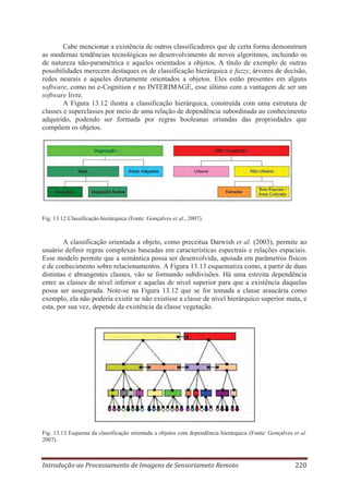 Cabe mencionar a existência de outros classificadores que de certa forma demonstram
as modernas tendências tecnológicas no desenvolvimento de novos algoritmos, incluindo os
de natureza não-paramétrica e aqueles orientados a objetos. A título de exemplo de outras
possibilidades merecem destaques os de classificação hierárquica e fuzzy, árvores de decisão,
redes neurais e aqueles diretamente orientados a objetos. Eles estão presentes em alguns
software, como no e-Cognition e no INTERIMAGE, esse último com a vantagem de ser um
software livre.
A Figura 13.12 ilustra a classificação hierárquica, construída com uma estrutura de
classes e superclasses por meio de uma relação de dependência subordinada ao conhecimento
adquirido, podendo ser formada por regras booleanas oriundas das propriedades que
compõem os objetos.

Fig. 13.12 Classificação hierárquica (Fonte: Gonçalves et al., 2007).

A classificação orientada a objeto, como preceitua Darwish et al. (2003), permite ao
usuário definir regras complexas baseadas em características espectrais e relações espaciais.
Esse modelo permite que a semântica possa ser desenvolvida, apoiada em parâmetros físicos
e de conhecimento sobre relacionamentos. A Figura 13.13 esquematiza como, a partir de duas
distintas e abrangentes classes, vão se formando subdivisões. Há uma estreita dependência
entre as classes de nível inferior e aquelas de nível superior para que a existência daquelas
possa ser assegurada. Note-se na Figura 13.12 que se for tomada a classe araucária como
exemplo, ela não poderia existir se não existisse a classe de nível hierárquico superior mata, e
esta, por sua vez, depende da existência da classe vegetação.

Fig. 13.13 Esquema da classificação orientada a objetos com dependência hierárquica (Fonte: Gonçalves et al.
2007).

Introdução ao Processamento de Imagens de Sensoriameto Remoto

220

 