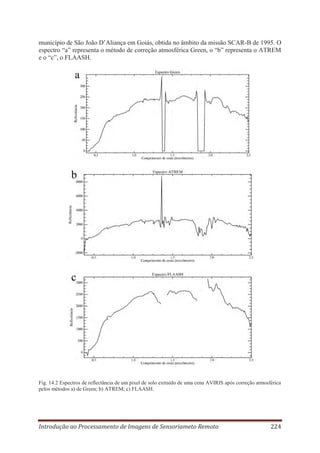município de São João D’Aliança em Goiás, obtida no âmbito da missão SCAR-B de 1995. O
espectro “a” representa o método de correção atmosférica Green, o “b” representa o ATREM
e o “c”, o FLAASH.

Fig. 14.2 Espectros de reflectância de um pixel de solo extraído de uma cena AVIRIS após correção atmosférica
pelos métodos a) de Green; b) ATREM; c) FLAASH.

Introdução ao Processamento de Imagens de Sensoriameto Remoto

224

 