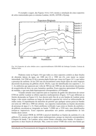 O exemplo a seguir, das Figuras 14.6 à 14.9, mostra a simulação de cinco espectros
de solos reamostrados para os sistemas Landsat, ALOS, ASTER e Hymap.

Fig. 14.6 Espectros de solos obtidos com o espectrorradiômetro GER-IRIS da Embrapa Cerrados. Cortesia de
Madeira Netto.

Podemos notar na Figura 14.6 que todos os cinco espectros contém as duas feições
de absorção típicas da água, em 1400 nm (1) e 1900 nm (2), com maior ou menor
intensidade. Em 2200 nm (3) há a mesma dupla feição que vimos na Figura 14.3 e que indica
a presença da caulinita. Já em 2265 nm (4) encontramos outra feição típica de solos tropicais
decorrente da presença de gibbsita (Al2O3 3H2O), e que são identificadas nos espectros 1, 2 e
3. As ombreiras que aparecem por volta de 500 nm até 1000 nm são decorrentes da presença
de sesquióxidos de ferro, no caso, hematita e goethita. Esses espectros apresentam 419 pontos
de medidas, o que num dado hiperespectral corresponderia a 419 bandas.
Visando simular esses espectros para as respostas de ganho dos detectores do sensor
ETM do satélite Landsat se obtém espectros multiespectrais (Figura. 14.7) que obliteram as
feições destacadas na Figura 4.16. Isso decorre pelo fato de as seis bandas do Landsat serem
largas e não serem contínuas ao longo do intervalo espectral do visível ao infravermelho de
ondas curtas. O impedimento da atmosfera de permitir que qualquer sensor possa ter bandas
em torno de 1400 nm e 2900 nm elimina nos espectros reamostrados as feições decorrentes
da presença de água (1 e 2). Outro problema verificado é que como as feições da caulinita e
da gibbsita encontram-se integradas na banda 7 (2080 nm a 2350 nm), suas identificações
tornam-se impossíveis. Esses espectros apresentam seis pontos correspondentes às seis
bandas desse sensor.
Com sensor SWIR do ASTER é possível identificar as feições da caulinita (1) e da
gibbsita (2), mesmo que os dados sejam multiespectrais, porque no intervalo correspondente
à largura da banda 7 do Landsat, nesse sensor foram colocadas cinco bandas. O espectro 1
apresenta as duas feições de absorção. Mas, como no sensor VNIR não existe uma banda que
Introdução ao Processamento de Imagens de Sensoriameto Remoto

228

 