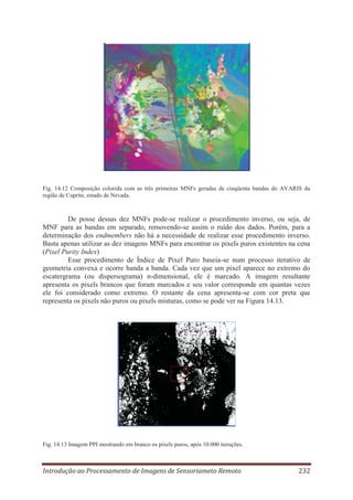 Fig. 14.12 Composição colorida com as três primeiras MNFs geradas de cinqüenta bandas do AVARIS da
região de Cuprite, estado de Nevada.

De posse dessas dez MNFs pode-se realizar o procedimento inverso, ou seja, de
MNF para as bandas em separado, removendo-se assim o ruído dos dados. Porém, para a
determinação dos endmembers não há a necessidade de realizar esse procedimento inverso.
Basta apenas utilizar as dez imagens MNFs para encontrar os pixels puros existentes na cena
(Pixel Purity Index)
Esse procedimento de Índice de Pixel Puro baseia-se num processo iterativo de
geometria convexa e ocorre banda a banda. Cada vez que um pixel aparece no extremo do
escatergrama (ou dispersograma) n-dimensional, ele é marcado. A imagem resultante
apresenta os pixels brancos que foram marcados e seu valor corresponde em quantas vezes
ele foi considerado como extremo. O restante da cena apresenta-se com cor preta que
representa os pixels não puros ou pixels misturas, como se pode ver na Figura 14.13.

Fig. 14.13 Imagem PPI mostrando em branco os pixels puros, após 10.000 iterações.

Introdução ao Processamento de Imagens de Sensoriameto Remoto

232

 