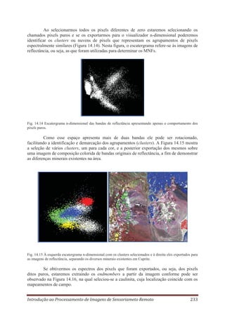 Ao selecionarmos todos os pixels diferentes de zero estaremos selecionando os
chamados pixels puros e se os exportarmos para o visualizador n-dimensional poderemos
identificar os clusters ou nuvens de pixels que representam os agrupamentos de pixels
espectralmente similares (Figura 14.14). Nesta figura, o escatergrama refere-se às imagens de
reflectância, ou seja, as que foram utilizadas para determinar os MNFs.

Fig. 14.14 Escatergrama n-dimensional das bandas de reflectância apresentando apenas o comportamento dos
pixels puros.

Como esse espaço apresenta mais de duas bandas ele pode ser rotacionado,
facilitando a identificação e demarcação dos agrupamentos (clusters). A Figura 14.15 mostra
a seleção de vários clusters, um para cada cor, e a posterior exportação dos mesmos sobre
uma imagem de composição colorida de bandas originais de reflectância, a fim de demonstrar
as diferenças minerais existentes na área.

Fig. 14.15 À esquerda escatergrama n-dimensional com os clusters selecionados e à direita eles exportados para
as imagens de reflectância, separando os diversos minerais existentes em Cuprite.

Se obtivermos os espectros dos pixels que foram exportados, ou seja, dos pixels
ditos puros, estaremos extraindo os endmembers a partir da imagem conforme pode ser
observado na Figura 14.16, na qual seleciou-se a caulinita, cuja localização coincide com os
mapeamentos de campo.
Introdução ao Processamento de Imagens de Sensoriameto Remoto

233

 