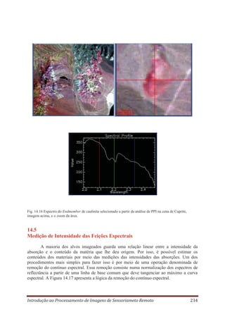 Fig. 14.16 Espectro do Endmember de caulinita selecionado a partir da análise de PPI na cena de Cuprite,
imagem acima, e o zoom da área.

14.5
Medição de Intensidade das Feições Espectrais
A maioria dos alvos imageados guarda uma relação linear entre a intensidade da
absorção e o conteúdo da matéria que lhe deu origem. Por isso, é possível estimar os
conteúdos dos materiais por meio das medições das intensidades das absorções. Um dos
procedimentos mais simples para fazer isso é por meio de uma operação denominada de
remoção do contínuo espectral. Essa remoção consiste numa normalização dos espectros de
reflectância a partir de uma linha de base comum que deve tangenciar ao máximo a curva
espectral. A Figura 14.17 apresenta a lógica da remoção do contínuo espectral.

Introdução ao Processamento de Imagens de Sensoriameto Remoto

234

 