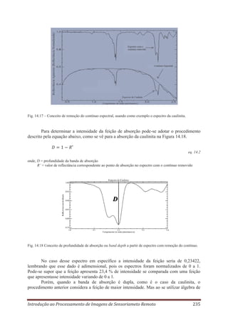 Fig. 14.17 – Conceito de remoção do contínuo espectral, usando como exemplo o espectro da caulinita.

Para determinar a intensidade da feição de absorção pode-se adotar o procedimento
descrito pela equação abaixo, como se vê para a absorção da caulinita na Figura 14.18.

eq. 14.2
onde, D = profundidade da banda de absorção
R’ = valor de reflectância correspondente ao ponto de absorção no espectro com o contínuo removido

Fig. 14.18 Conceito de profundidade de absorção ou band depth a partir de espectro com remoção do contínuo.

No caso desse espectro em específico a intensidade da feição seria de 0,23422,
lembrando que esse dado é adimensional, pois os espectros foram normalizados de 0 a 1.
Pode-se supor que a feição apresenta 23,4 % de intensidade se comparada com uma feição
que apresentasse intensidade variando de 0 a 1.
Porém, quando a banda de absorção é dupla, como é o caso da caulinita, o
procedimento anterior considera a feição de maior intensidade. Mas ao se utilizar álgebra de

Introdução ao Processamento de Imagens de Sensoriameto Remoto

235

 