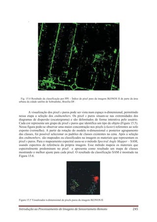 .

Fig. 15.4 Resultado da classificação por PPI – Índice de pixel puro da imagem IKONOS II de parte da área
urbana da cidade satélite de Sobradinho, Brasília DF.

A visualização dos pixel s puros pode ser vista num espaço n-dimensional, permitindo
nessa etapa a seleção dos endmembers. Os pixel s puros situam-se nas extremidades dos
diagramas de dispersão (escatergrama) e são delimitados de forma interativa pelo usuário.
Cada cor representa um grupo de pixel s puros que identifica um tipo de objeto (Figura 15.5).
Nessa figura pode-se observar uma maior concentração nos pixels (cluster) referentes ao solo
exposto (vermelho). A partir da rotação do modelo n-dimensional e posterior agrupamento
das classes, foi possível selecionar os padrões de classes existentes na cena. Após a seleção
dos endmembers, são mapeados ou classificados na imagem os materiais que representam os
pixel s puros. Para o mapeamento espectral usou-se o método Spectral Angle Mapper – SAM,
usando espectros de referência da própria imagem. Esse método mapeia os materiais que
espectralmente predominam no pixel e apresenta como resultado um mapa de classes
mostrando o melhor ajuste para cada pixel. O resultado da classificação SAM é mostrado na
Figura 15.6.

Figura 15.5 Visualizador n-dimensional de pixels puros da imagem IKONOS II.

Introdução ao Processamento de Imagens de Sensoriameto Remoto

245

 