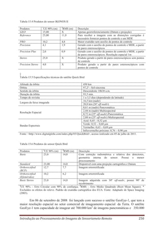 Tabela 15.4 Produtos do sensor IKONOS II
Produtos
GEO
Reference

1

CE 90% (m)
15,00
25,00

2

PRO
Precision

10,2
4,1

4,8
1,9

Precision Plus

2,0

0,9

Stereo

25,0

X

Precision Stereo

4,0

X

RMS (m)
X
11,8

Descrição
Apenas georreferenciamento (Datum e projeção)
Para receber a imagem com as distorções corrigidas é
necessário fornecer pontos de controle e um MDE
Maior exatidão sem auxílio de pontos de controle
Gerado com o auxílio de pontos de controle e MDE, a partir
de pares estereoscópicos
Gerado com o auxílio de pontos de controle e MDE, a partir
de pares estereoscópicos. Resolução espacial 1m
Produto gerado a partir de pares estereoscópicos sem pontos
de controle
Produto gerado a partir de pares estereoscópicos com
pontos de controle

]
Tabela 15.5 Especificações técnicas do satélite Quick Bird
Altitude da órbita
Órbita
Sentido da órbita
Duração da órbita
Tempo de revisita

450 km
97,2º - Sol-sincrona
Descendente 10h30 a.m.
93,5 min.
1 a 3,5 dias (dependendo da latitude)
16,5 km (nadir)
Largura da faixa imageada
20,8 km (26º off-nadir)
0,61 m (nadir) Pancromática
2,44 m (nadir) Multiespectral
Resolução Espacial
0,72 m (25º off-nadir) Pancromática
2,88 m (25º off-nadir) Multiespectral
Azul: 0,45 – 0,52 μm
Verde: 0,52 – 0,60 μm
Bandas Espectrais
Vermelho: 0,63 – 0,69 μm
Infravermelho próximo: 0,76 – 0,90 μm
Fonte: <http://www.digitalglobe.com/index.php/85/QuickBird>, acesso realizado em 05 de julho de 2011.

Tabela 15.6 Produtos do sensor Quick Bird
Produtos
Basic

1

CE 90% (m)
23,0

2

Standard
Orthorectified
(RCP)
Orthorectified
(Efemérides)
Basic Stereo

23,00
12,7

14,0
7,7

Descrição
Com correção radiométrica e relativa dos detectores,
geometria interna do sensor. Possui o menor
processamento
Disponível com uma projeção cartográfica e Datum
Imagem ortorretificada

10,2

6,2

Imagem ortorretificada

23,0

14,0

RMS (m)
14,0

Imagem adquirida com 30º off-nadir, possui 90º de
recobrimento
1
CE 90% – Erro Circular com 90% de confiança; 2RMS – Erro Médio Quadrado (Root Mean Square). *
Excluídos os efeitos do relevo. Padrão de exatidão cartográfica dos EUA. Fonte: Adaptado de Space Imaging
(2003).

Em 06 de setembro de 2008 foi lançado com sucesso o satélite GeoEye-1, que tem a
maior resolução espacial no setor comercial de imageamento espacial da Terra. O satélite
GeoEye-1 tem capacidade de imagear até 700.000 km2 de imagens pancromáticas e 350.000
Introdução ao Processamento de Imagens de Sensoriameto Remoto

250

 
