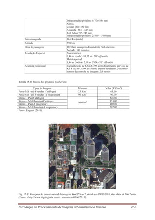 Faixa imageada
Altitude
Hora de passagem
Resolução Espacial

Acurácia posicional

Infravermelho próximo 1 (770-895 nm)
Novas
Costal (400-450 nm)
Amarela ( 585 – 625 nm)
Red Edge (705-745 nm)
Infravermelho próximo 2 (860 – 1040 nm)
16,4 km (nadir)
770 km
10:30am passagem descendente Sol-síncrona
Período: 100 minutos
Pancromático
0,46 m (nadir) / 0,52 m a 20° off-nadir
Multiespectral
1,84 m (nadir) / 2,08 m GSD a 20° off-nadir
Especificação de 6,5m CE90, com desempenho previsto de
4,6 a 10,7m CE90, excluindo efeitos de terreno.Utilizando
pontos de controle na imagem: 2,0 metros

Tabela 15.10 Preços dos produtos WorldView
Tipos de Imagem
Pan e MS - até 4 bandas (Catálogo)
Pan e MS - até 4 bandas (A programar)
Stereo – Pan (Catálogo)
Stereo – MS 8 bandas (Catálogo)
Stereo – Pan (A programar)
Stereo – MS 8 bandas (A programar)
Fonte: Engesat (2010).

Mínimo
25 Km2
90 Km2
210 Km2

Valor (R$/km2)
63,00
90,00
126,00
153,00
180,00
207,00

Fig. 15.11 Composição em cor natural de imagem WorldView 2, obtida em 09/03/2010, da cidade de São Paulo.
(Fonte: <http://www.digitalglobe.com>. Acesso em 01/06/2011).

Introdução ao Processamento de Imagens de Sensoriameto Remoto

253

 