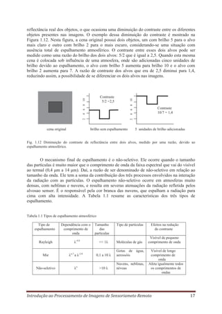 reflectância real dos objetos, o que ocasiona uma diminuição do contraste entre os diferentes
objetos presentes nas imagens. O exemplo dessa diminuição do contraste é mostrado na
Figura 1.12. Nesta figura, a cena original possui dois objetos, um com brilho 5 para o alvo
mais claro e outro com brilho 2 para o mais escuro, considerando-se uma situação com
ausência total de espalhamento atmosférico. O contraste entre esses dois alvos pode ser
medido como uma razão do brilho dos dois alvos: 5/2 que é igual a 2,5. Quando esta mesma
cena é colocada sob influência de uma atmosfera, onde são adicionadas cinco unidades de
brilho devido ao espalhamento, o alvo com brilho 5 aumenta para brilho 10 e o alvo com
brilho 2 aumenta para 7. A razão de contraste dos alvos que era de 2,5 diminui para 1,4,
reduzindo assim, a possibilidade de se diferenciar os dois alvos nas imagens.

cena original

4 6 8 10

Contraste
10/7 = 1,4

2

2

4 6 8 10

Contraste
5/2 =2,5

brilho sem espalhamento

5 unidades de brilho adicionadas

Fig. 1.12 Diminuição do contraste da reflectância entre dois alvos, medido por uma razão, devido ao
espalhamento atmosférico.

O mecanismo final de espalhamento é o não-seletivo. Ele ocorre quando o tamanho
das partículas é muito maior que o comprimento de onda da faixa espectral que vai do visível
ao termal (0,4 μm a 14 μm). Daí, a razão de ser denominado de não-seletivo em relação ao
tamanho da onda. Ele tem a soma da contribuição dos três processos envolvidos na interação
da radiação com as partículas. O espalhamento não-seletivo ocorre em atmosferas muito
densas, com neblinas e nuvens, e resulta em severas atenuações da radiação refletida pelos
alvosao sensor. É o responsável pela cor branca das nuvens, que espalham a radiação para
cima com alta intensidade. A Tabela 1.1 resume as características dos três tipos de
espalhamento.

Tabela 1.1 Tipos de espalhamento atmosférico
Tipo de
espalhamento

Rayleigh

Dependência com o
comprimento de
onda
λ-4.0

Tamanho
das
partículas
<< 1λ

Mie

λo,7 a λ-2.0

0,1 a 10 λ

Não-seletivo

λo

>10 λ

Tipo de partículas

Moléculas de gás
Gotas de
aerossóis

água,

Nuvens, neblinas,
névoas

Efeitos na redução
do contraste
Visível de pequeno
comprimento de onda
Visível de longo
comprimento de
onda
Afeta igualmente todos
os comprimentos de
ondas

Introdução ao Processamento de Imagens de Sensoriameto Remoto

17

 