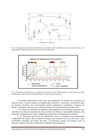 rocha

Reflectância

solo
vegetação

Comprimento de onda μm

Fig. 2.8 Exemplos de espectros de reflectância de vegetação, rocha carbonática e solo com óxido de ferro, com
indicação das bandas de absorção dos seus principais constituintes.

Fig. 2.9 Espectros de reflectância e as posições das bandas do sensor EMT-Landsat 7 como forma para avaliar
as bandas que melhor diferenciam espectralmente os quatro tipos de materiais.

O exemplo apresentado mostra que dois parâmetros de análise são essenciais na
maneira como se devem analisar as imagens para identificar e distinguir os diferentes tipos
de materiais terrestres. Em sensoriamento remoto, identificar é reconhecer a natureza do
objeto, e distinguir é diferenciar um objeto do outro. Os dois parâmetros de análise são:
1- As feições de absorções da radiação eletromagnética são assinaturas espectrais que
identificam um tipo de material, pois elas ocorrem com formas e intensidades próprias, num
específico comprimento de onda, e dependem unicamente da composição do material.
2- As diferenças dos níveis de reflectâncias entre os materiais num determinado
comprimento de onda, e que se traduz na imagem por contrastes de níveis de cinza, é que
possibilitam distinguir um objeto do outro. As diferenças sempre são maiores onde os
materiais exibem as feições de absorção da radiação eletromagnética.
Introdução ao Processamento de Imagens de Sensoriameto Remoto

46

 