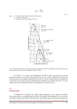 eq. 3.2
onde,

= comprimento de onda de máxima emissão ( m);
A = constante 2898 m K;
T = temperatura absoluta medida em Kelvin.
m

Fig. 3.5 Deslocamento do pico máximo de energia em direção aos menores comprimentos de onda à medida que
a temperatura do corpo aumenta. (Adaptado de Jensen, 2009).

Na Figura 3.5 o corpo com temperatura de 800 K pode representar um intenso
incêndio, que tem o seu pico de emissão termal em 3,62 μm. Esse comprimento de onda está
fora do intervalo de emitância espectral da Terra, de 8 a 14 μm. Sendo assim, um incêndio ou
um derrame de lavas são fontes de radiação termal anômalas na superfície da Terra, e as suas
imagens devem ser obtidas próximas ao comprimento de onda de 3,6 μm.

3.3
Emissividade
O mundo não é composto por corpos negros radiadores, que é apenas um modelo
físico para explicar o comportamento das fontes de radiação eletromagnética. Ao invés disso,
encontramos corpos que radiam seletivamente e que emitem apenas uma parte da energia que
Introdução ao Processamento de Imagens de Sensoriameto Remoto

51

 