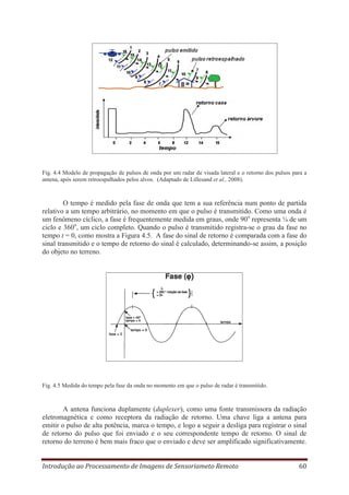 Fig. 4.4 Modelo de propagação de pulsos de onda por um radar de visada lateral e o retorno dos pulsos para a
antena, após serem retroespalhados pelos alvos. (Adaptado de Lillesand et al., 2008).

O tempo é medido pela fase de onda que tem a sua referência num ponto de partida
relativo a um tempo arbitrário, no momento em que o pulso é transmitido. Como uma onda é
um fenômeno cíclico, a fase é frequentemente medida em graus, onde 90o representa ¼ de um
ciclo e 360o, um ciclo completo. Quando o pulso é transmitido registra-se o grau da fase no
tempo t = 0, como mostra a Figura 4.5. A fase do sinal de retorno é comparada com a fase do
sinal transmitido e o tempo de retorno do sinal é calculado, determinando-se assim, a posição
do objeto no terreno.

Fig. 4.5 Medida do tempo pela fase da onda no momento em que o pulso de radar é transmitido.

A antena funciona duplamente (duplexer), como uma fonte transmissora da radiação
eletromagnética e como receptora da radiação de retorno. Uma chave liga a antena para
emitir o pulso de alta potência, marca o tempo, e logo a seguir a desliga para registrar o sinal
de retorno do pulso que foi enviado e o seu correspondente tempo de retorno. O sinal de
retorno do terreno é bem mais fraco que o enviado e deve ser amplificado significativamente.
Introdução ao Processamento de Imagens de Sensoriameto Remoto

60

 